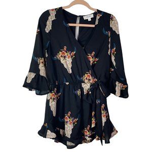 Cowgirl Rodeo Western Romper Boho Festival Cow Skull Floral V Neck Shorts S
